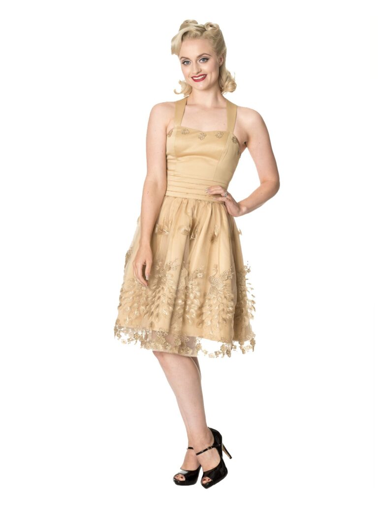 Kuldsete tikanditega Rockabilly stiilis kleit