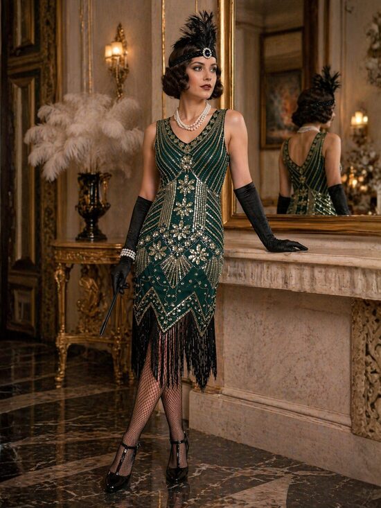 Smaragdroheline Gatsby kleit litritega – Emerald Deco Royale | Saitdress