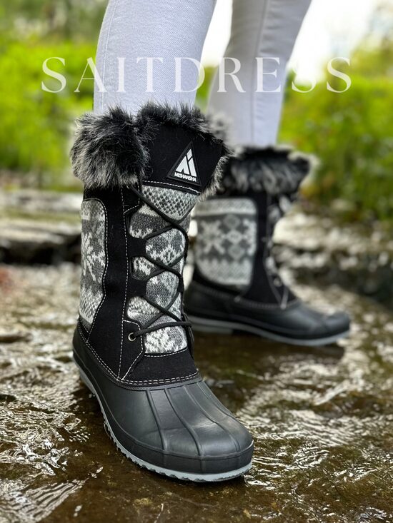 Naiste talvised porisaapad, mustrilise kootud sääreosaga, must