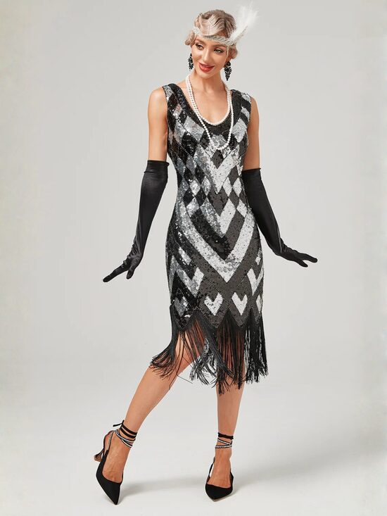 Hõbedane Great Gatsby 1920ndate stiilis flapper-kleit / narmaskleit / litterkleit