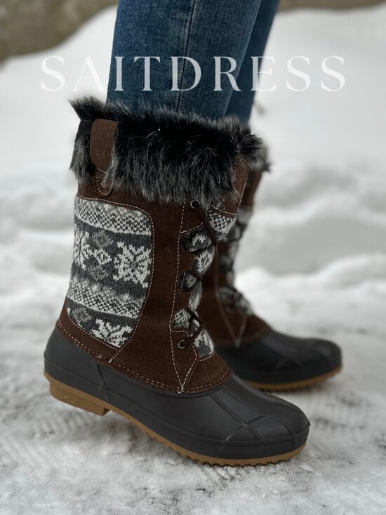 Naiste talvised porisaapad, mustrilise kootud sääreosaga, pruun