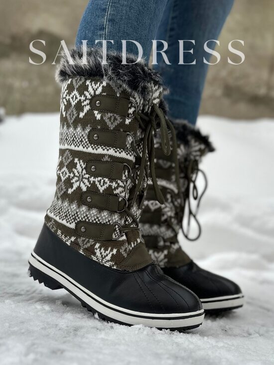 Naiste talvised talvesaapad mustrilise kootud sääreosaga, rohelised